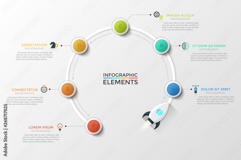 Poster flying spaceship and 6 round elements with letters inside arranged in circle and successively connec