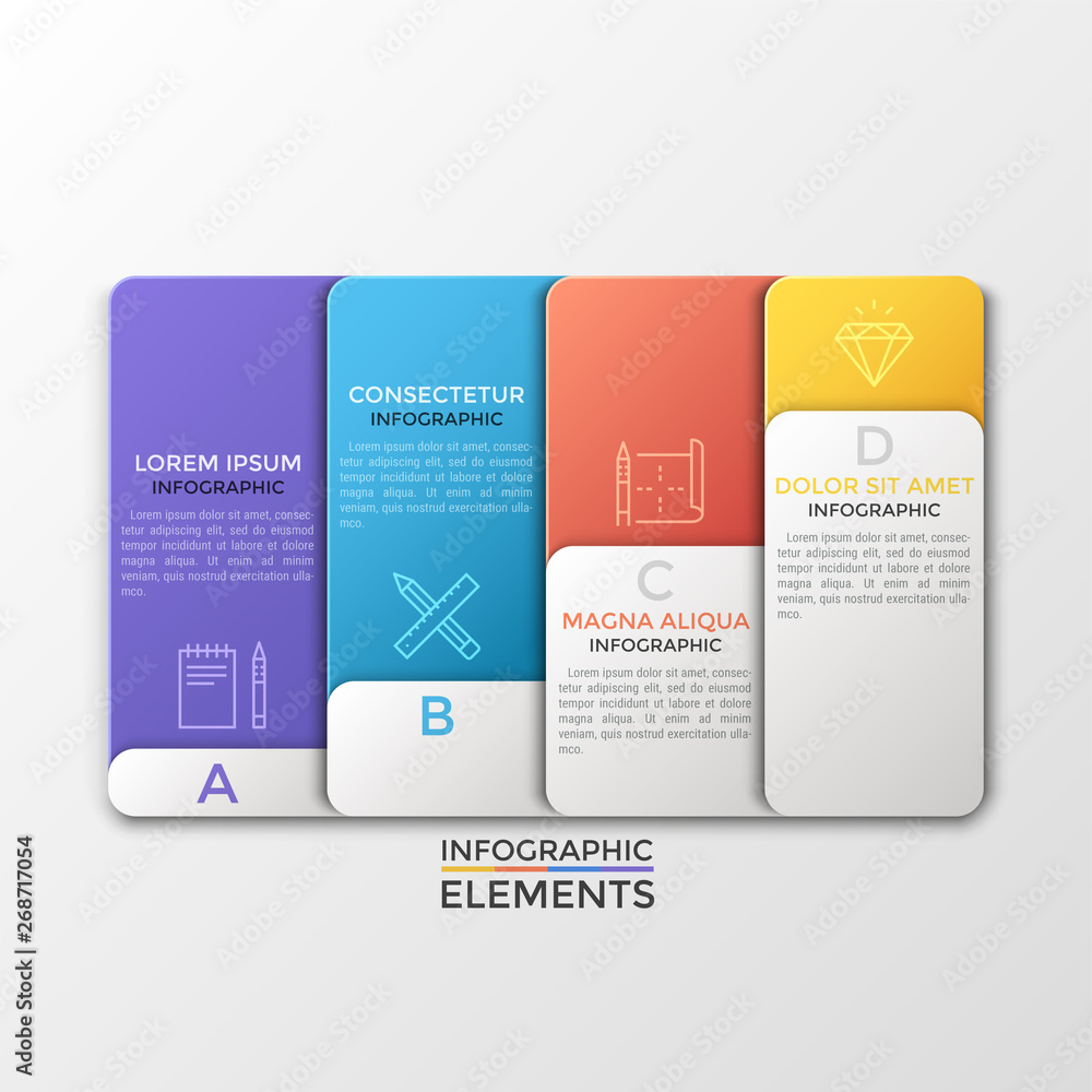Poster four overlaying rectangular colorful elements with letters, place for text and thin line symbols ins