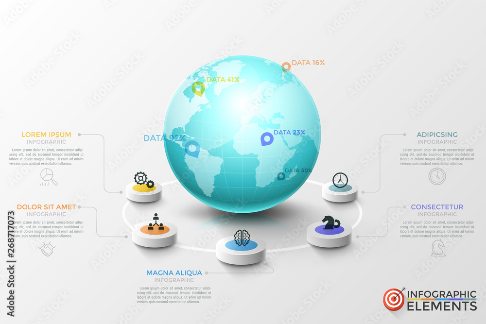 Poster planet earth, 5 round elements with thin line pictograms around it, text boxes and percentage indica