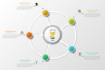 Circular chart. Colorful lettered circles connected with central round element by arrows. Concept of 5 features of success. Infographic design template. Vector illustration for brochure, presentation.