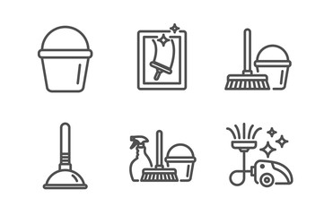Household service, Bucket and Plunger icons simple set. Window cleaning, Bucket with mop and Vacuum cleaner signs. Cleaning equipment, Washing equipment. Cleaning set. Line household service icon
