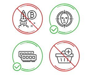 Do or Stop. Ram, Face detect and Bitcoin project icons simple set. Add purchase sign. Random-access memory, Select target, Cryptocurrency startup. Shopping order. Business set. Line ram do icon