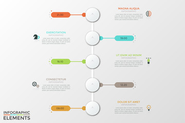 Five round white elements arranged in vertical  row, time indication, thin line icons and text boxes. Concept of appointment planner, schedule or reminder. Modern vector illustration for website.