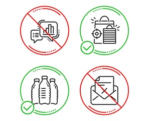 Do or Stop. Seo shopping, Water bottles and Graph chart icons simple set. Reject letter sign. Analytics, Aqua drinks, Growth report. Delete mail. Business set. Line seo shopping do icon. Vector
