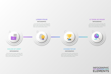 Fototapeta premium Four round elements with letters and colorful flat symbols inside arranged into horizontal row and connected by line. Concept of 4 business options. Infographic design template. Vector illustration.