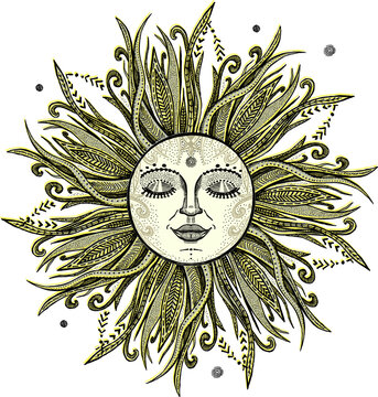 Sun tattoo sketch, hand drawn illustration