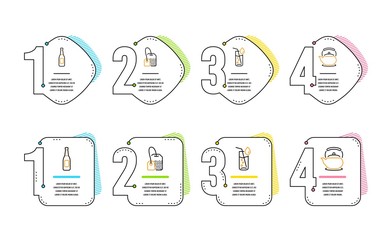 Tea bag, Beer and Water glass icons simple set. Teapot sign. Brew hot drink, Pub alcohol, Soda drink. Tea kettle. Food and drink set. Infographic timeline. Line tea bag icon. 4 options or steps