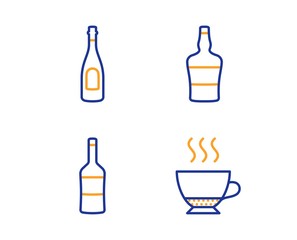 Wine, Champagne and Scotch bottle icons simple set. Espresso sign. Merlot bottle, Celebration drink, Brandy alcohol. Hot drink. Food and drink set. Linear wine icon. Colorful design set. Vector