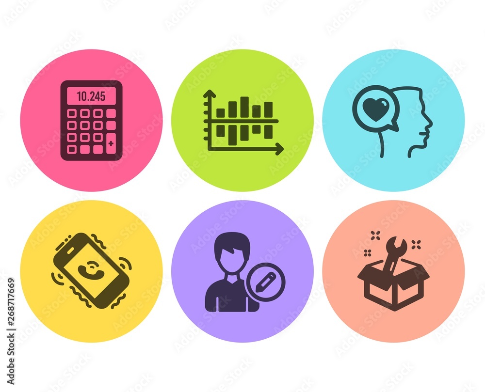 Poster calculator, romantic talk and edit person icons simple set. diagram chart, call center and spanner s