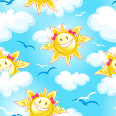 Seamless vector summer pattern blue sky, clouds and cartoon funny sun and silhouettes of birds.