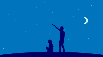 Fototapeta na wymiar Couple of people watching in the sky on starry night background