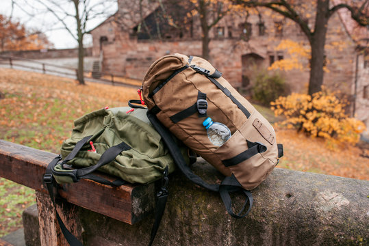 Full backpack and bag outdoors in the city. Traveler accessories. Adventure in the journey. Hand luggage. Travel bags. Trip to Nuremberg, Germany