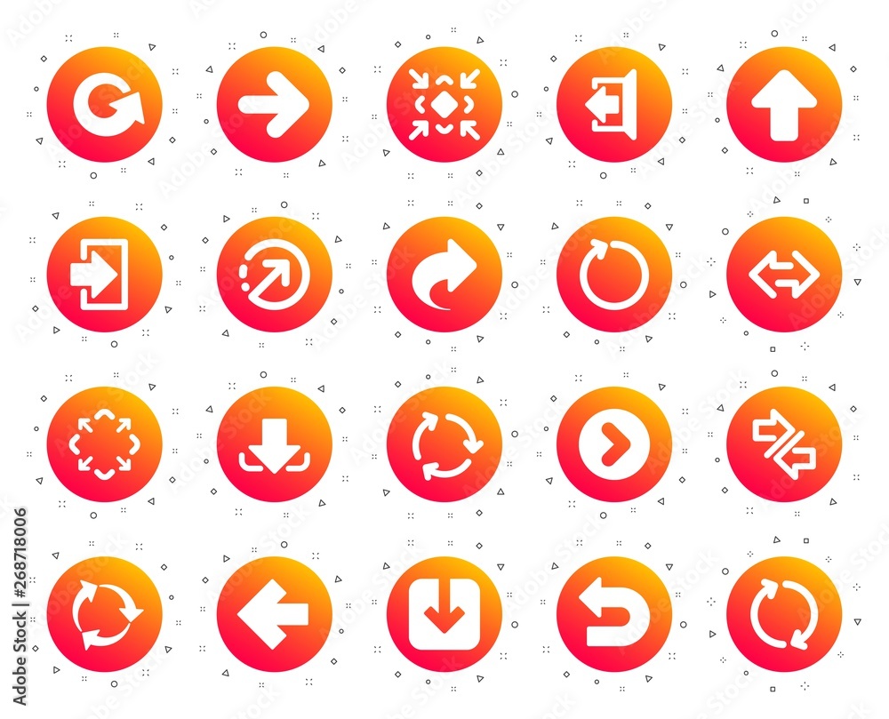 Poster arrows icons. set of download or share, synchronize and recycle signs. undo, refresh arrows and logi
