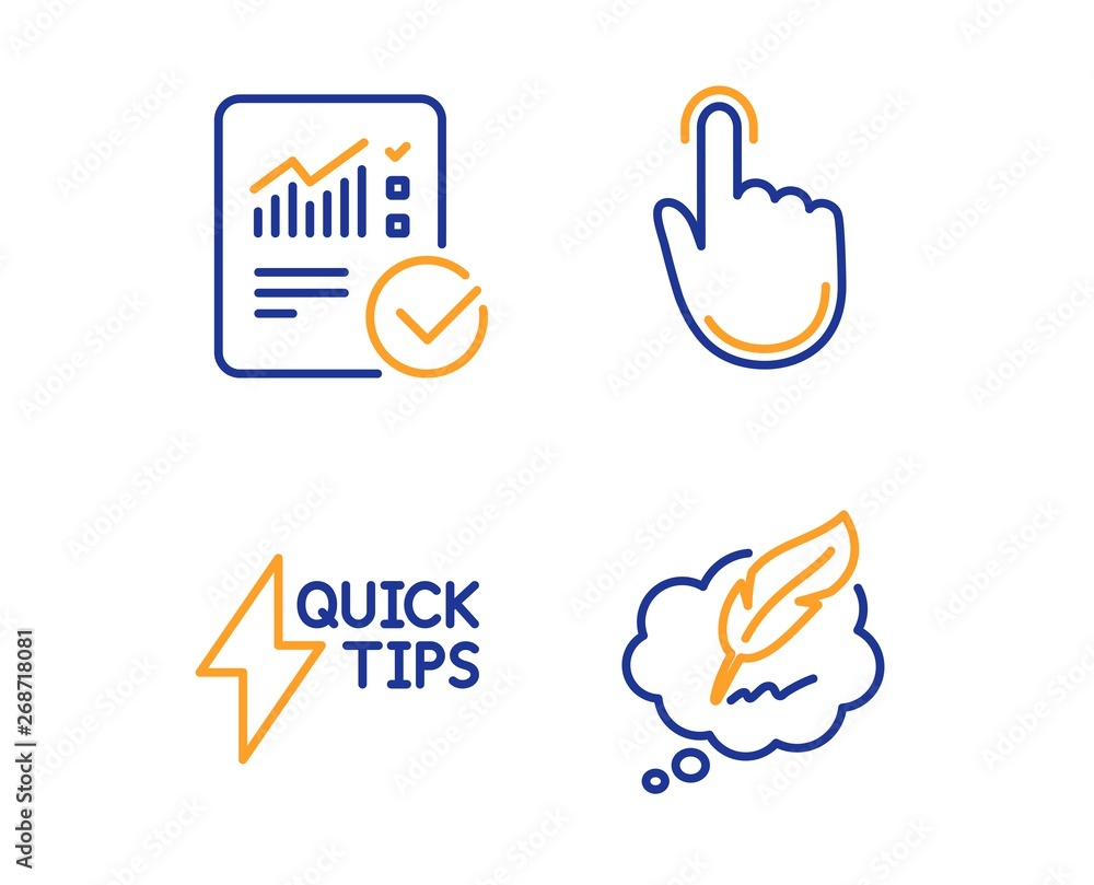Poster hand click, quickstart guide and checked calculation icons simple set. copyright chat sign. location