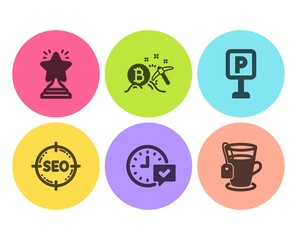 Select alarm, Winner and Bitcoin mining icons simple set. Parking, Seo and Tea signs. Time symbol, Best star. Business set. Flat select alarm icon. Circle button. Vector