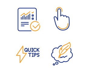 Hand click, Quickstart guide and Checked calculation icons simple set. Copyright chat sign. Location pointer, Lightning symbol, Statistical data. Speech bubble. Education set. Linear hand click icon