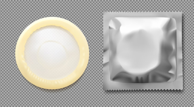 Realistic condom with package. Vector illustration. Easy to use for presentation your product, idea, design. EPS10.