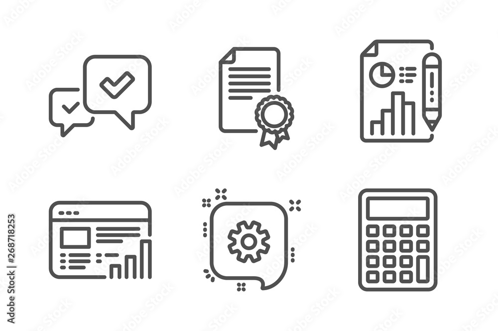 Aufkleber certificate, web report and report document icons simple set. cogwheel, approve and calculator signs