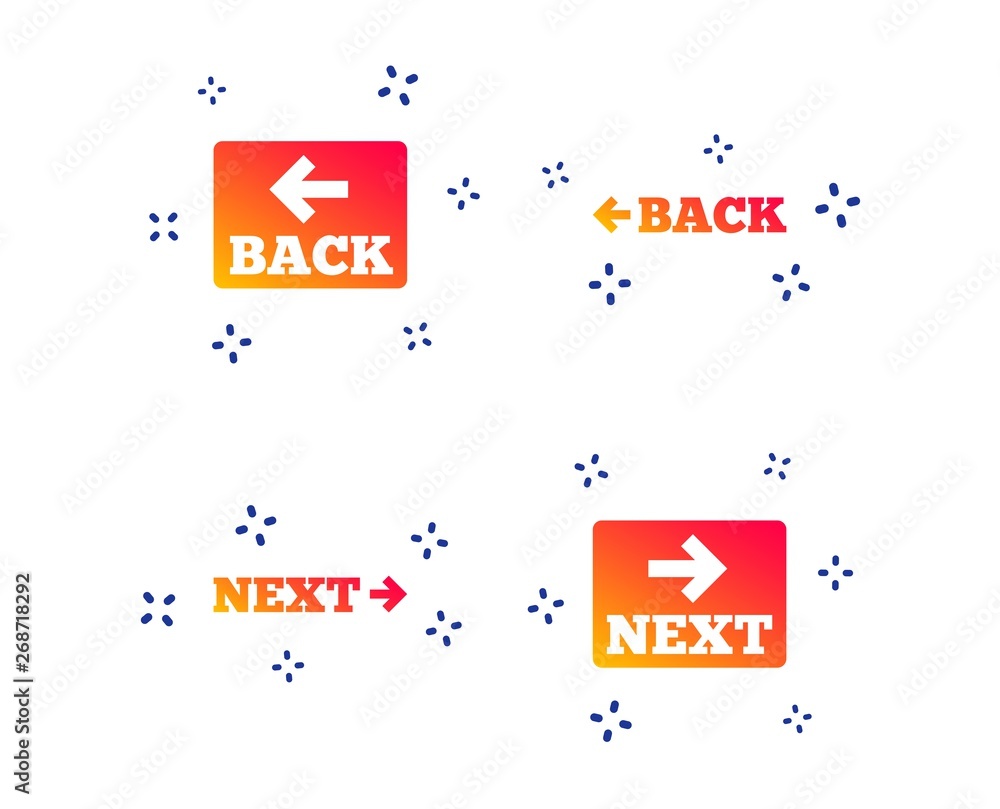 Poster back and next navigation signs. arrow direction icons. random dynamic shapes. gradient back icon. ve