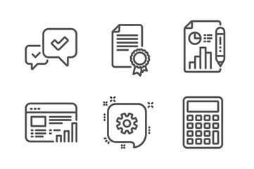Certificate, Web report and Report document icons simple set. Cogwheel, Approve and Calculator signs. Diploma, Graph chart. Education set. Line certificate icon. Editable stroke. Vector