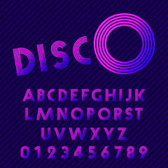 Disco style alphabet, retro nightclub font. Set of letters and numbers colorful line design