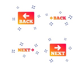 Back and next navigation signs. Arrow direction icons. Random dynamic shapes. Gradient back icon. Vector