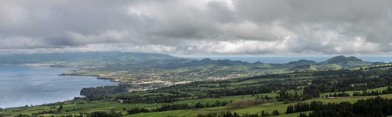 Fototapeta na wymiar aerial image of the island of Sao Miguel as seen from the volcano of Sete Cidades in direction to the east
