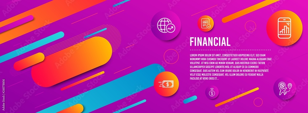 Poster header banner. checked calculation, money transfer and world statistics icons simple set. graph phon