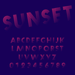 Sunset alphabet font template. Set of letters and numbers line design