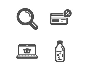 Set of Research, Online shopping and Cashback icons. Water bottle sign. Magnifying glass, Notebook with shopping cart, Non-cash payment. Soda drink.  Classic design research icon. Flat design. Vector