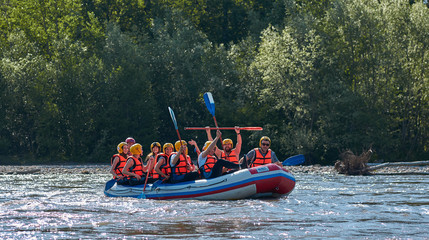 rafting in a big boat on a rough mountain river in summer - obrazy, fototapety, plakaty