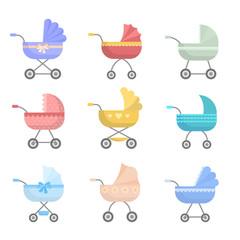 Set of cute colorful baby stroller, modern design and basket