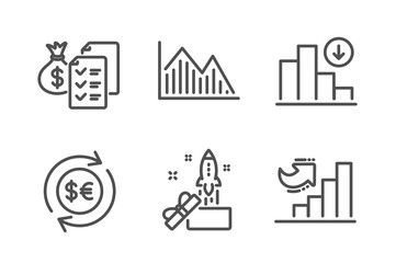 Investment graph, Accounting wealth and Money currency icons simple set. Innovation, Decreasing graph and Growth chart signs. Investment infochart, Audit report. Finance set. Vector