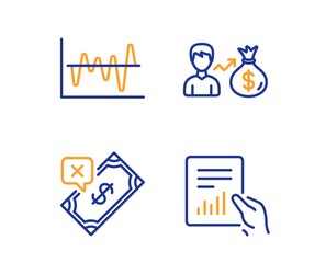 Stock analysis, Sallary and Rejected payment icons simple set. Document sign. Business trade, Person earnings, Bank transfer. File with diagram. Finance set. Linear stock analysis icon. Vector