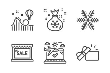 Snowflake, Santa sack and Sale icons simple set. Roller coaster, Airplane travel and Opened gift signs. Air conditioning, Gifts bag. Holidays set. Line snowflake icon. Editable stroke. Vector