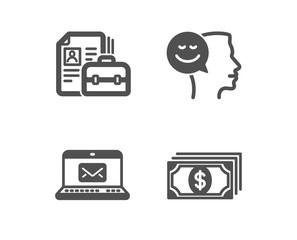 Set of Good mood, Vacancy and E-mail icons. Payment sign. Positive thinking, Hiring job, New message. Finance.  Classic design good mood icon. Flat design. Vector