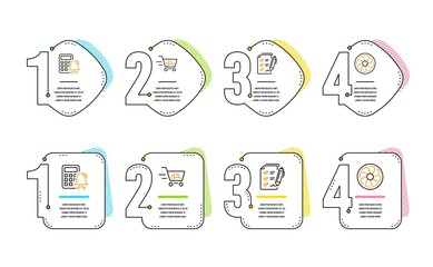 Calculator alarm, Survey checklist and Shopping cart icons simple set. Fan engine sign. Accounting, Report, Online buying. Ventilator. Finance set. Infographic timeline. Line calculator alarm icon