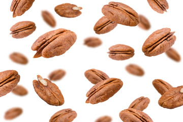 Falling pecan, nut, isolated on white background, selective focus
