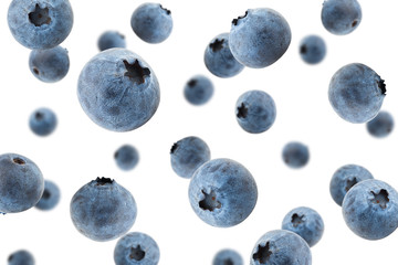 Falling blueberry, isolated on white background, selective focus