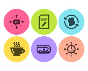 Edit document, Sms and Coffee icons simple set. Bus tour, Face id and World time signs. Page with pencil, Conversation. Business set. Flat edit document icon. Circle button. Vector