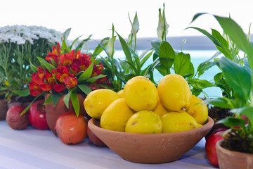 fresh fruits on wooden table Sicilian lemon