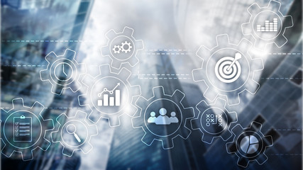 Business process automation concept. Gears and icons on abstract background
