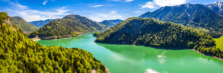 Amazing turquoise lake Sylvenstein, upper Bavaria. Aerial view. May, Germany