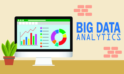 Vector illustration of Big Data Analytics  concept on computer screen. Analytical dashboard. Financial accounting, big data analysis, audit, project management, marketing, search engine optimization.