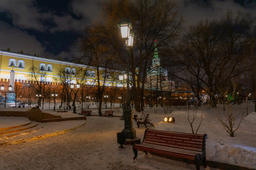 Beautiful wooden bench in the Park, Moscow