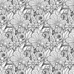 Monochrome Seamless Pattern with Floral Motifs