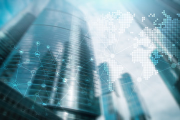 Double exposure mixed media. Diagrams, icons and relations structure on hologram screen. Business people and modern city on background