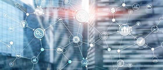 Business process structure industrial workflow diagram automation innovation concept on virtual screen mixed media