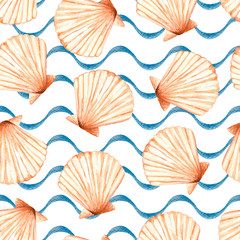 Watercolor sea seamless pattern with a lot of the beautiful shells (Venus scallop) and blue (sea imitation) wavy lines. Isolated on a white background. Summer illustration. Under the sea.