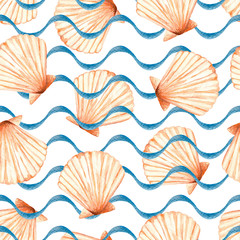 Watercolor sea seamless pattern with a lot of the beautiful shells (Venus scallop) and blue (sea imitation) wavy lines. Isolated on a white background. Summer illustration. Under the sea.
